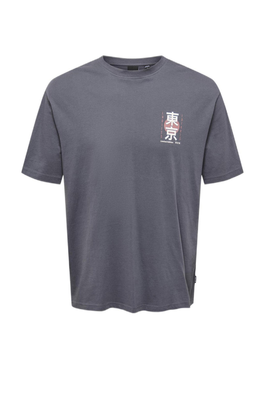 Grijze jongens ONLY & SONS JUNIOR T-shirt van katoen met backprint, korte mouwen en ronde hals
