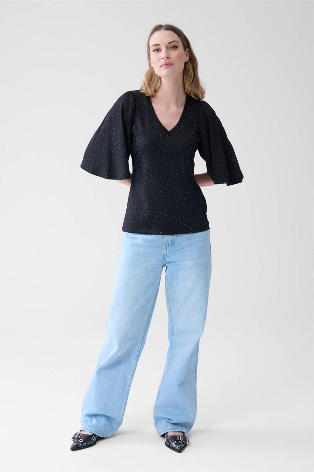 Zwarte dames Shoeby glitter top rib gebreid van polyamide met effen, driekwart mouwen en V-hals