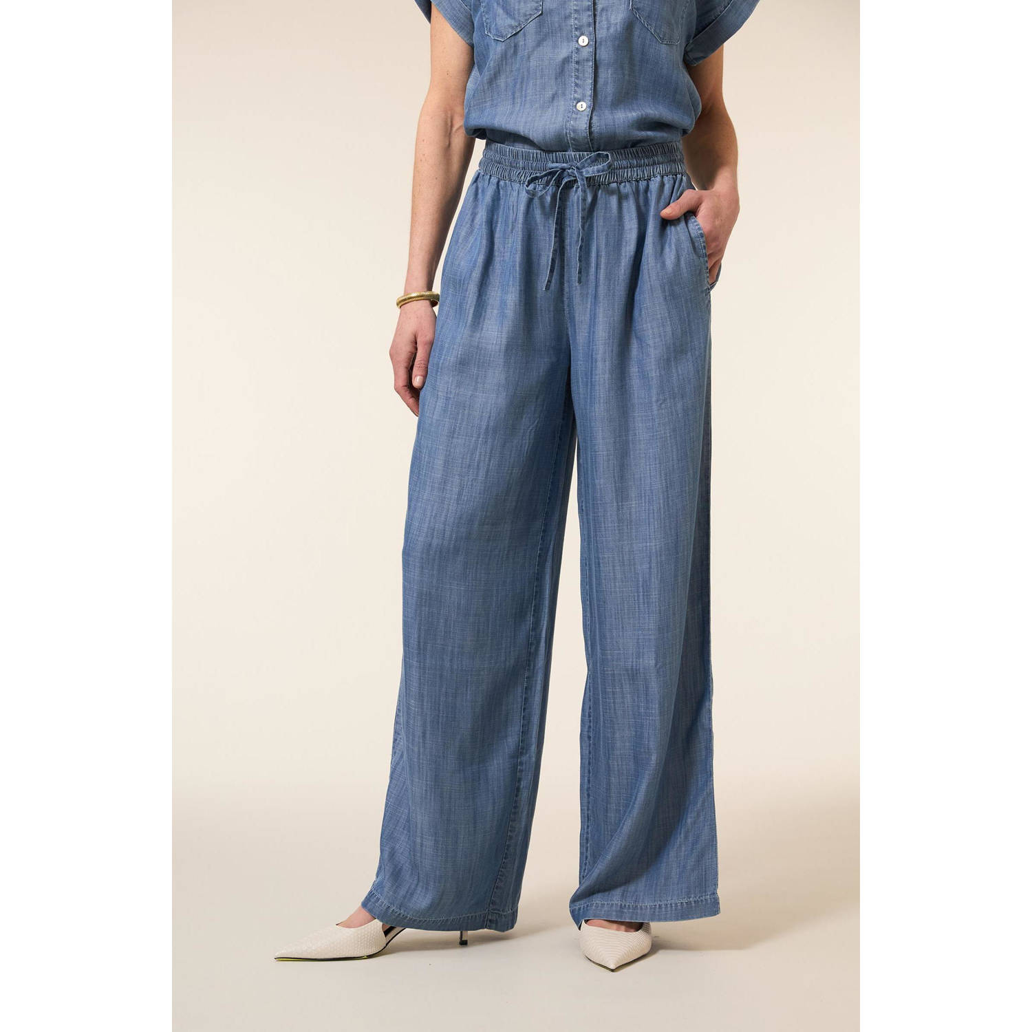 Miss Etam wide leg regular waist broek medium blue denim