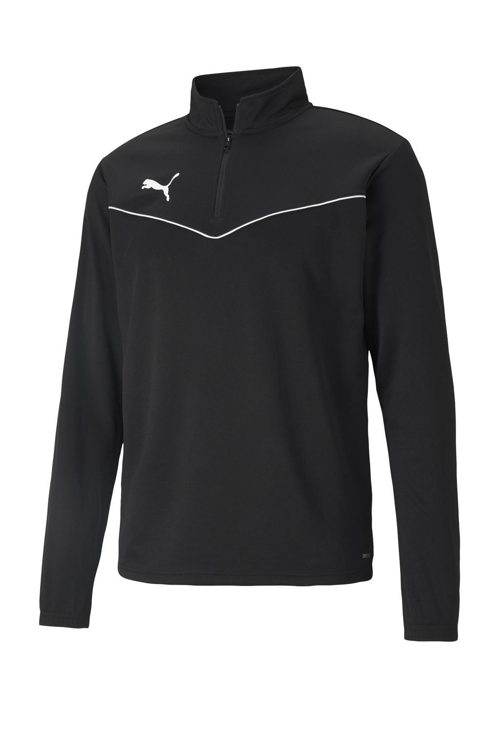 Zwart en witte heren Puma sportshirt van polyester met printopdruk, lange mouwen, opstaande kraag en halve rits