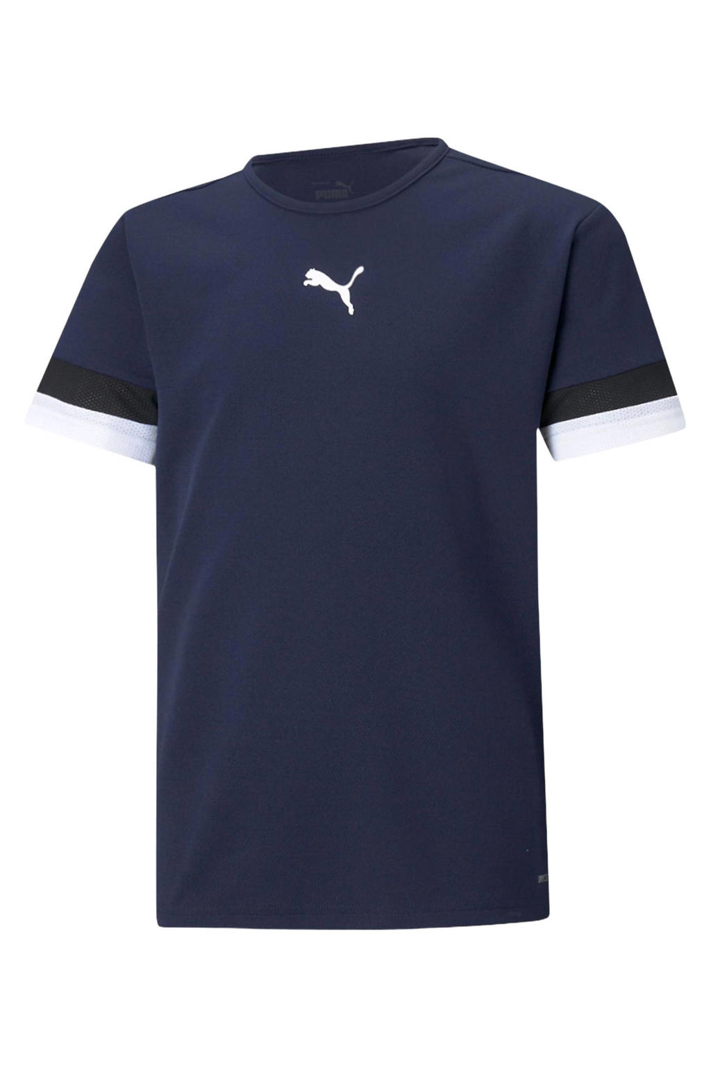 Donkerblauwe jongens en meisjes Puma junior sportshirt teamRISE van polyester met meerkleurige print, korte mouwen en ronde hals