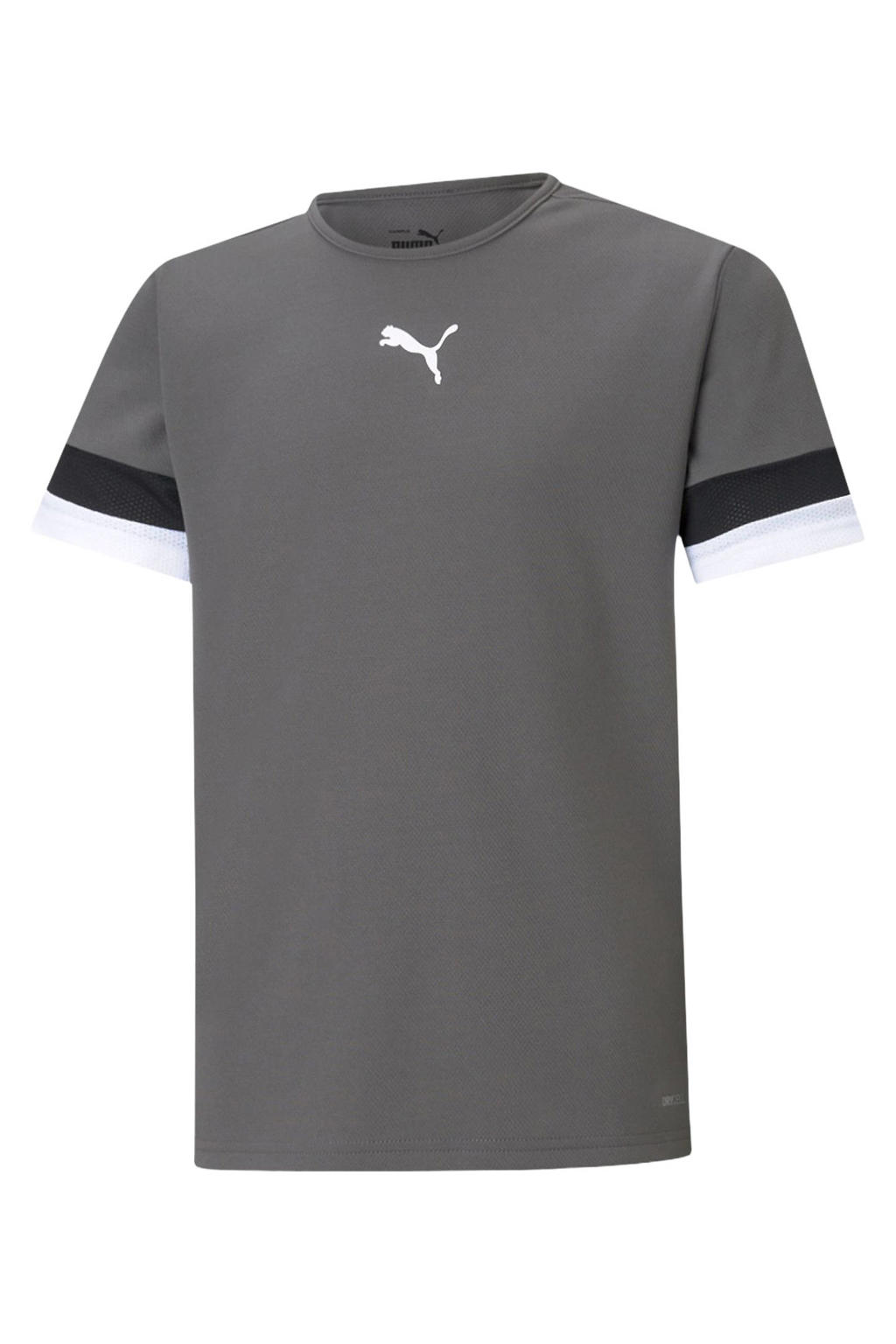 Grijsgroene jongens en meisjes Puma junior sportshirt teamRISE groen van polyester met meerkleurige print en korte mouwen