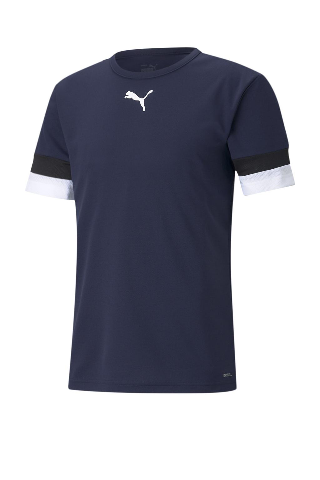 Donkerblauwe heren Puma sportshirt teamRISE van polyester met korte mouwen en ronde hals