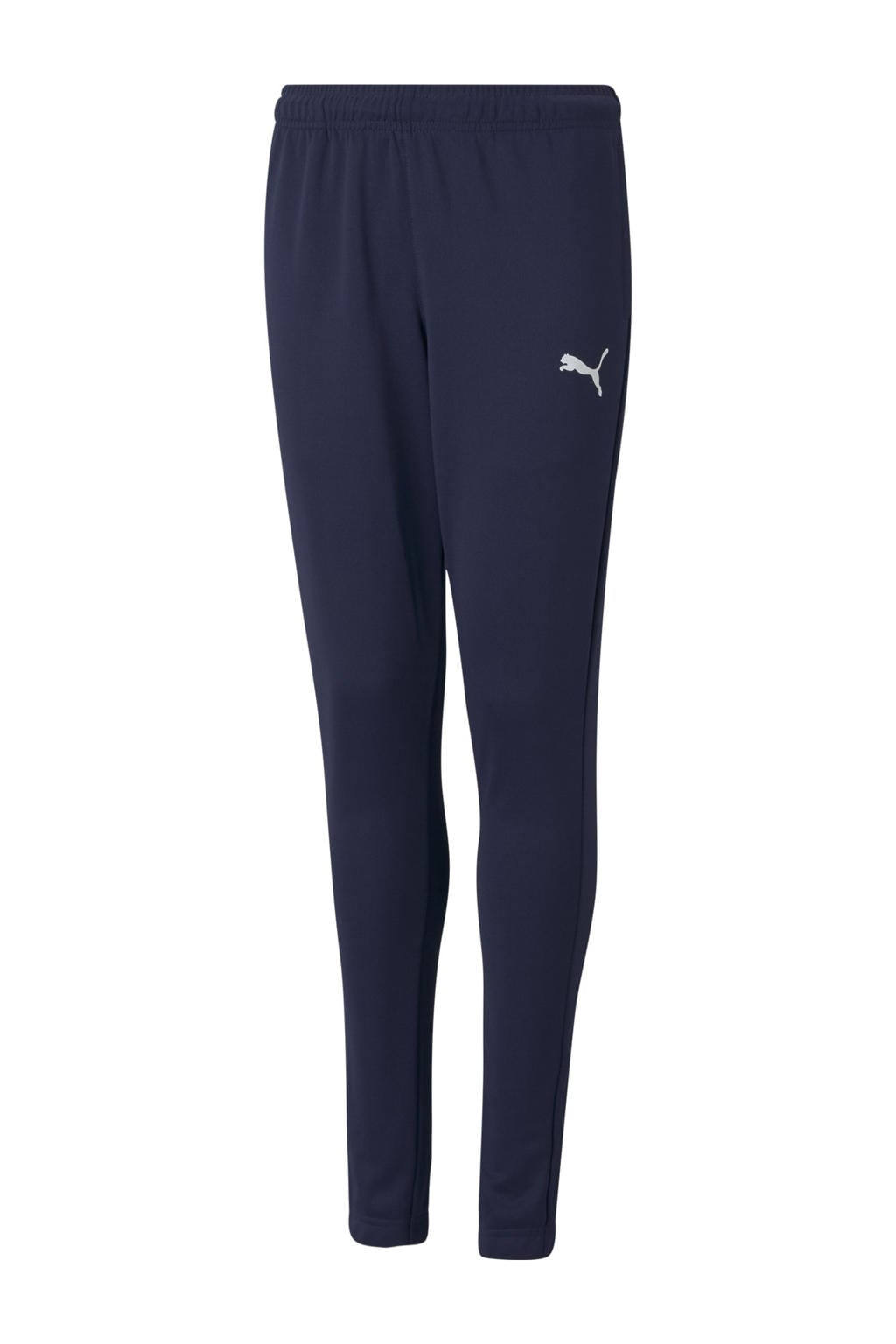 Donkerblauwe jongens Puma Junior trainingsbroek van polyester met regular fit, elastische tailleband en logo dessin