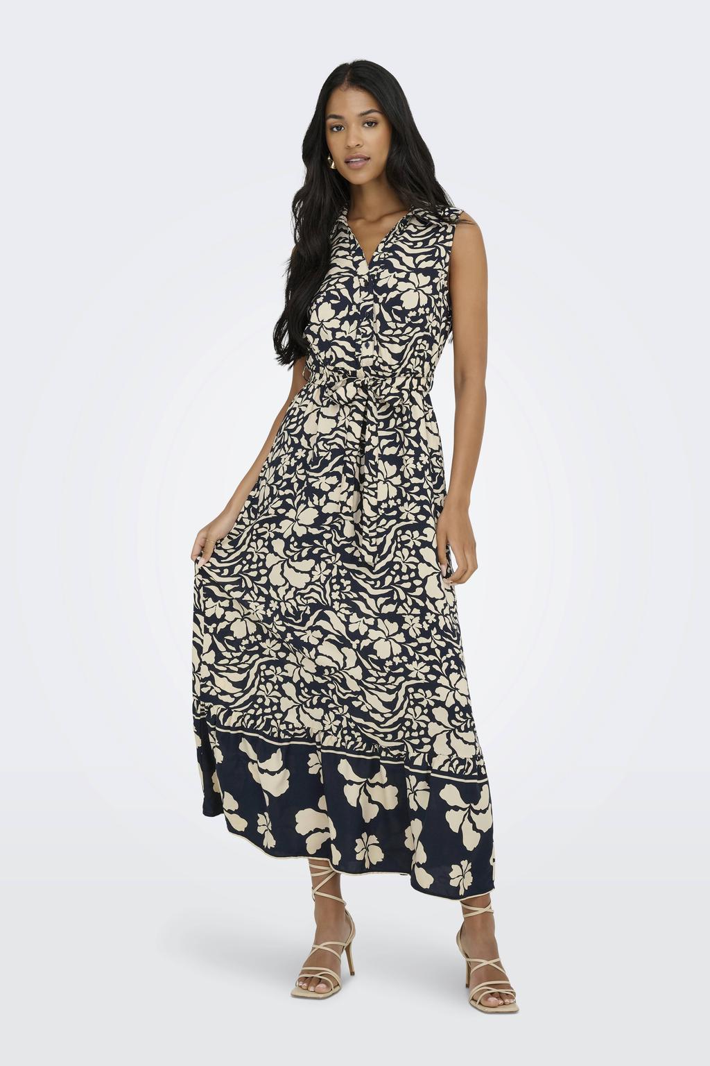 Zwart en ecru dames ONLY maxi jurk van viscose met bloemenprint, korte mouwen, klassieke kraag, knoopsluiting en geweven detail