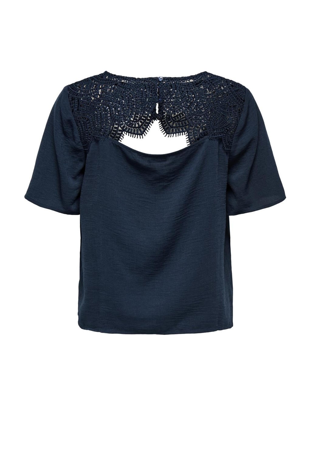 Donkerblauwe dames JDY top van polyester met effen, korte mouwen, ronde hals en kant