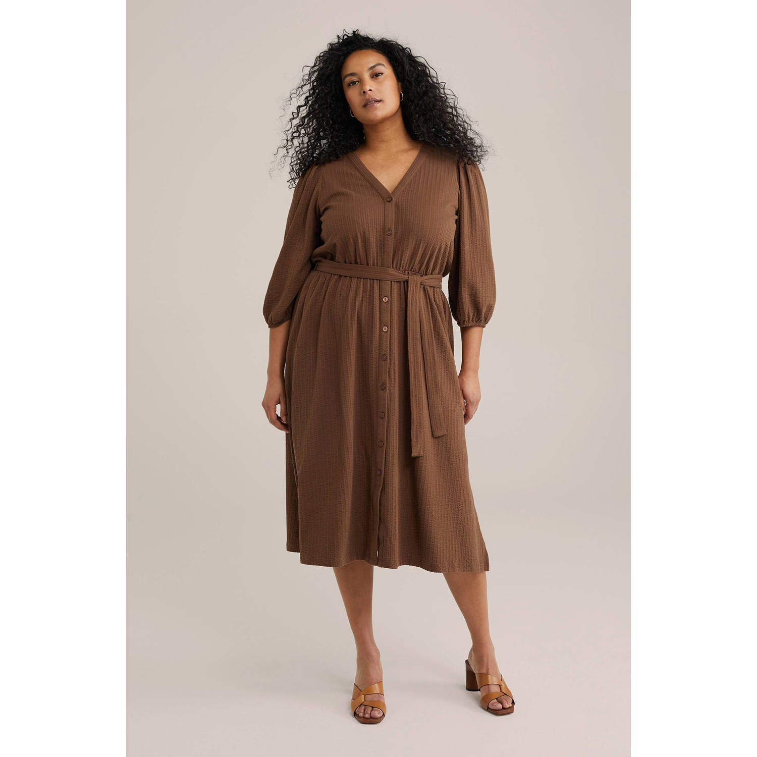 WE Fashion Curve A-lijn jurk bruin