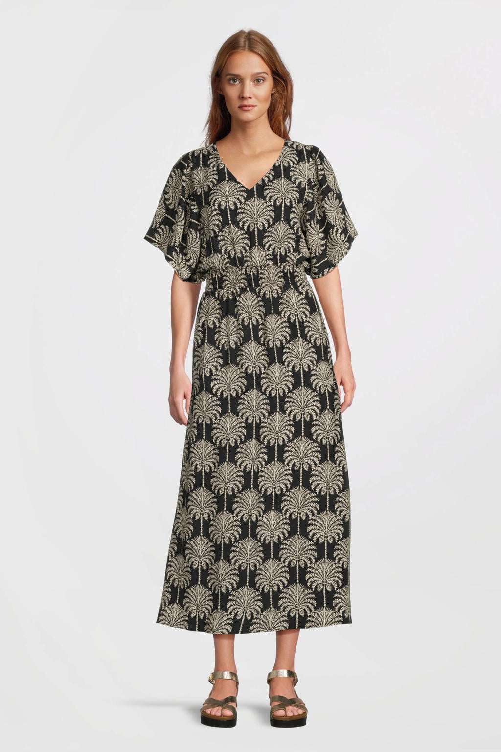 Zwart en witte dames Geisha zomerjurk van viscose met korte mouwen, V-hals en geweven detail