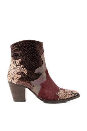 leren enkellaarzen bordeaux/goud/slangenprint