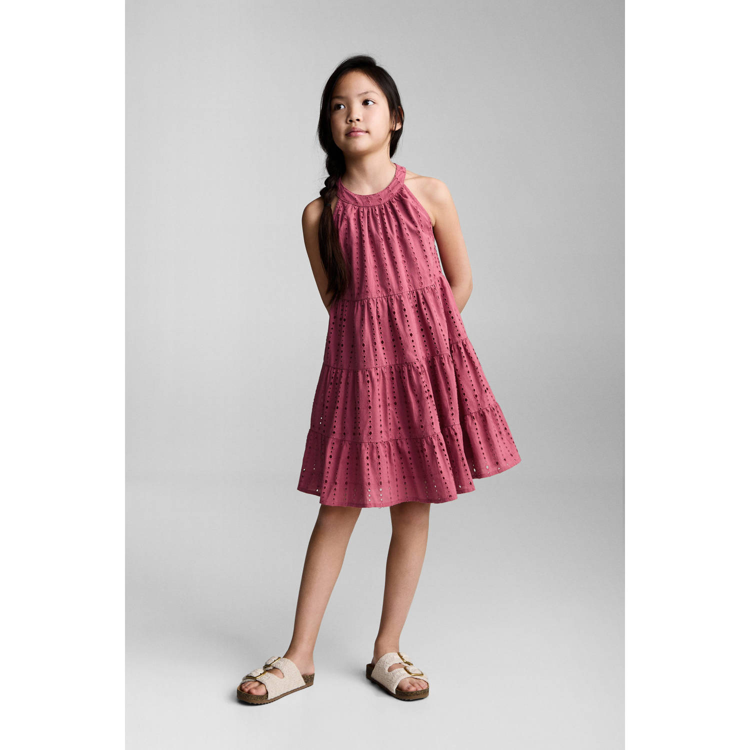 Mango Kids korte jurk broderie roze