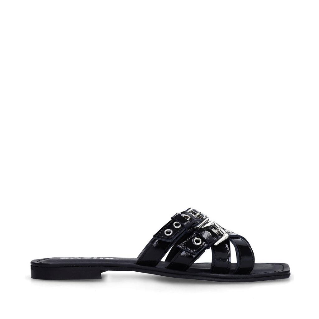 Zwarte dames Sacha lakleren slippers met gesp