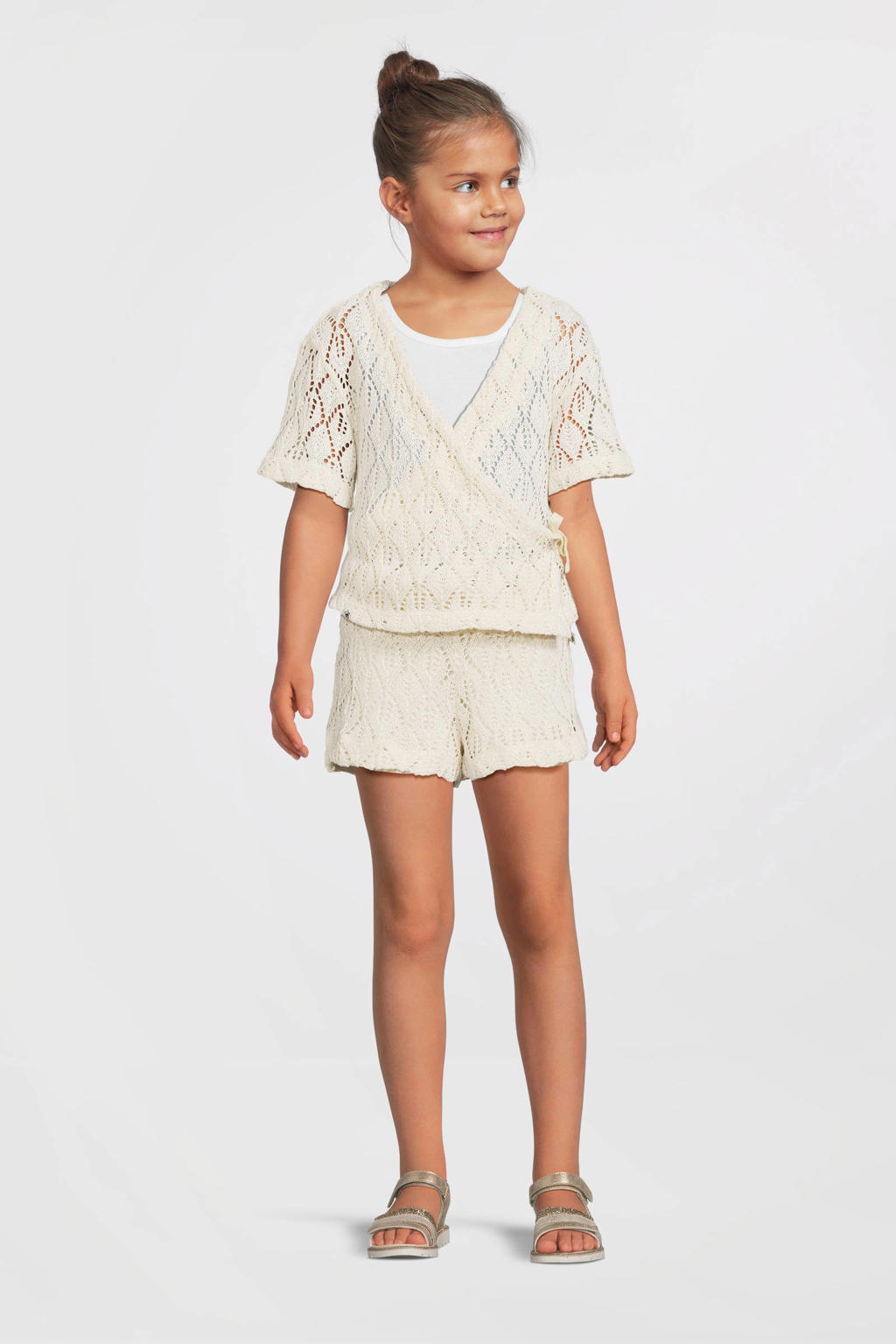Crème meisjes Me & My Monkey crochet wrap top met korte mouwen en overslagkraag