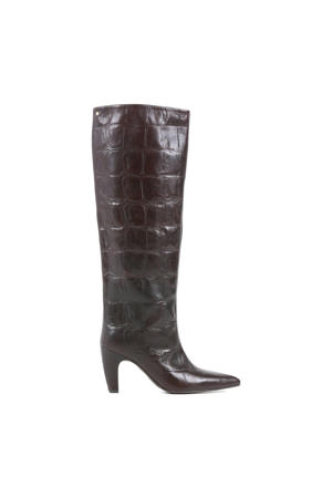 leren hoge laarzen met crocoprint donkerbruin