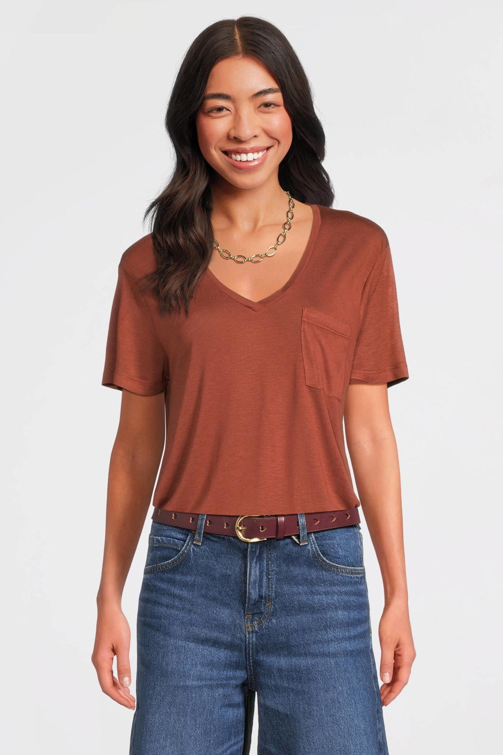 Roodbruine dames Anytime loose fit T-shirt van polyester met effen, korte mouwen en V-hals