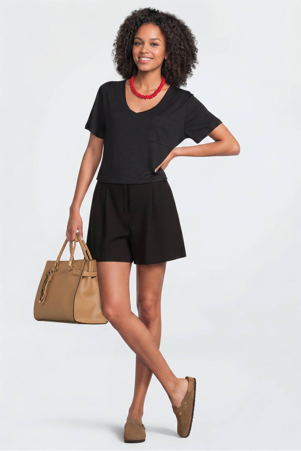 Zwarte dames Anytime loose fit T-shirt van polyester met effen, korte mouwen en V-hals