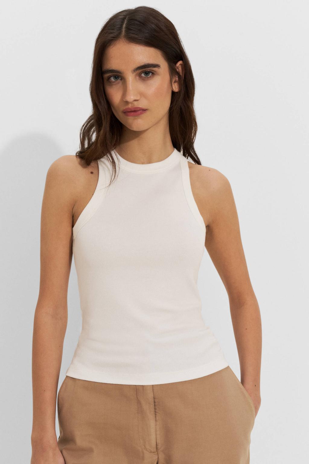 Witte dames Ruby rib gebreid singlet van viscose met effen en ronde hals