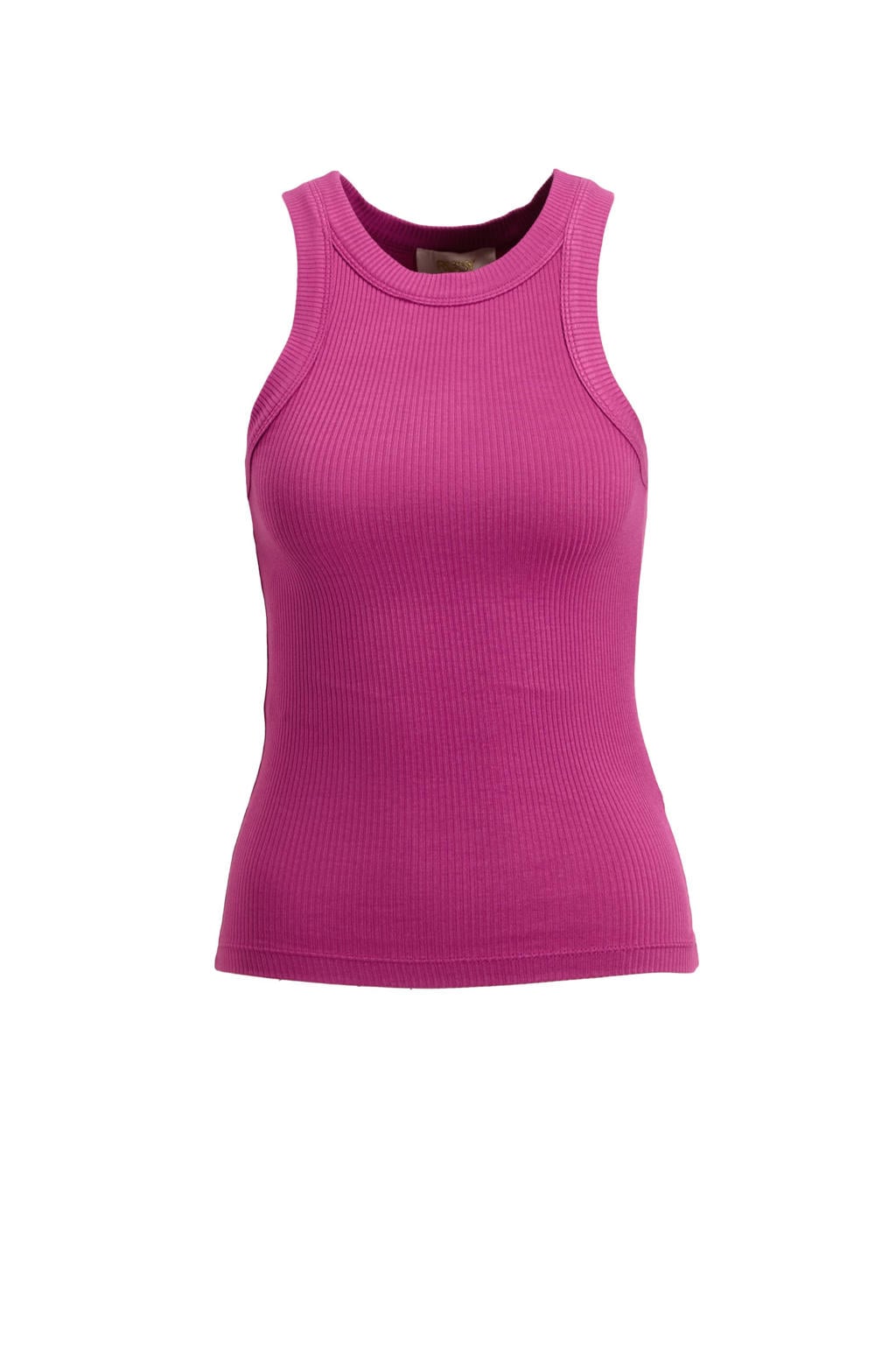 Magentakleurige dames Ruby rib gebreid singlet van viscose met effen en ronde hals