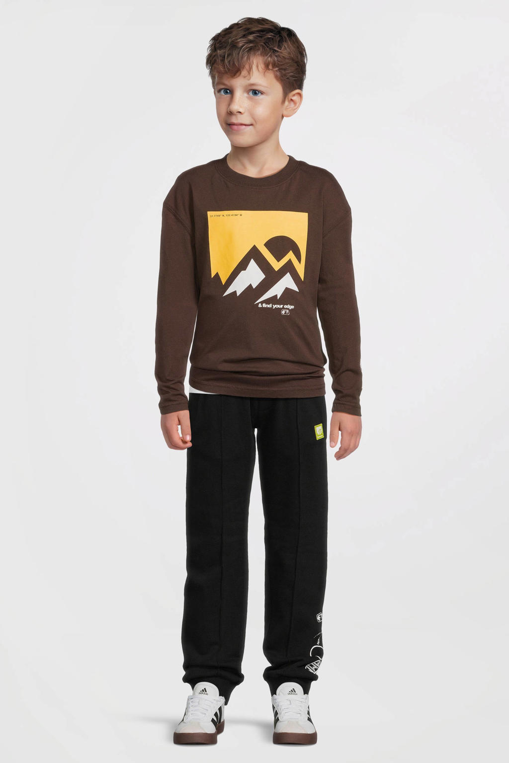 Bruine jongens Me & My Monkey longsleeve van katoen met printopdruk, lange mouwen en ronde hals