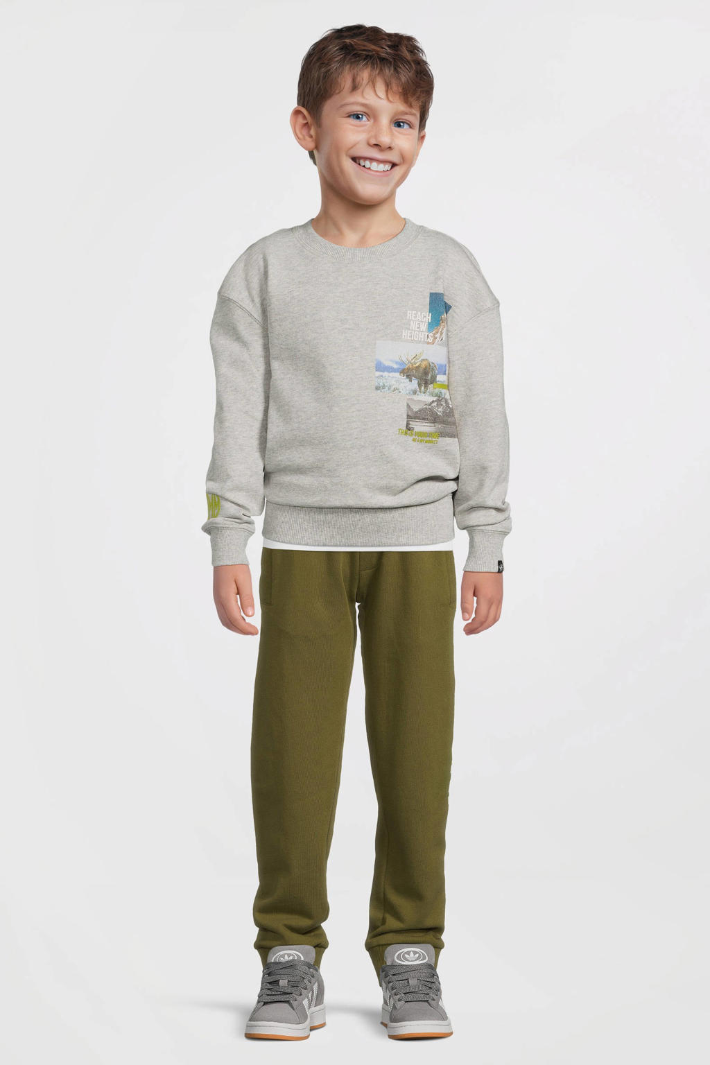 Grijze jongens Me & My Monkey sweater melange met printopdruk, lange mouwen en ronde hals