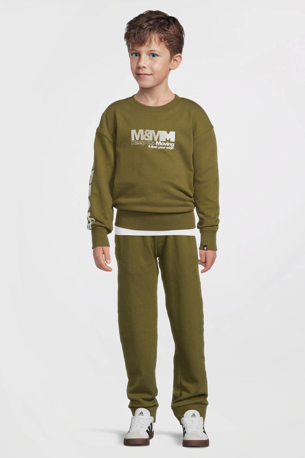 Kakikleurige jongens Me & My Monkey sweater met printopdruk, lange mouwen, ronde hals en geribde boorden