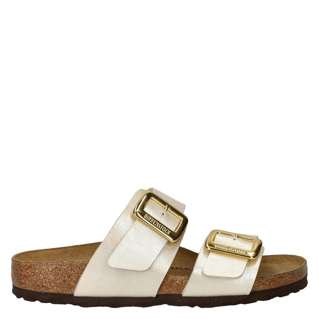 Ivoorkleurige dames Birkenstock slippers van leer met gesp