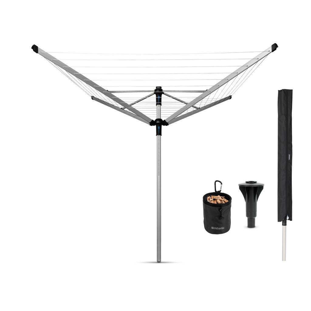 Brabantia Lift-o-Matic Advance droogmolen - met kunststof betonanker/beschermhoes en wasknijpertasje - 50 m - Metallic Grey