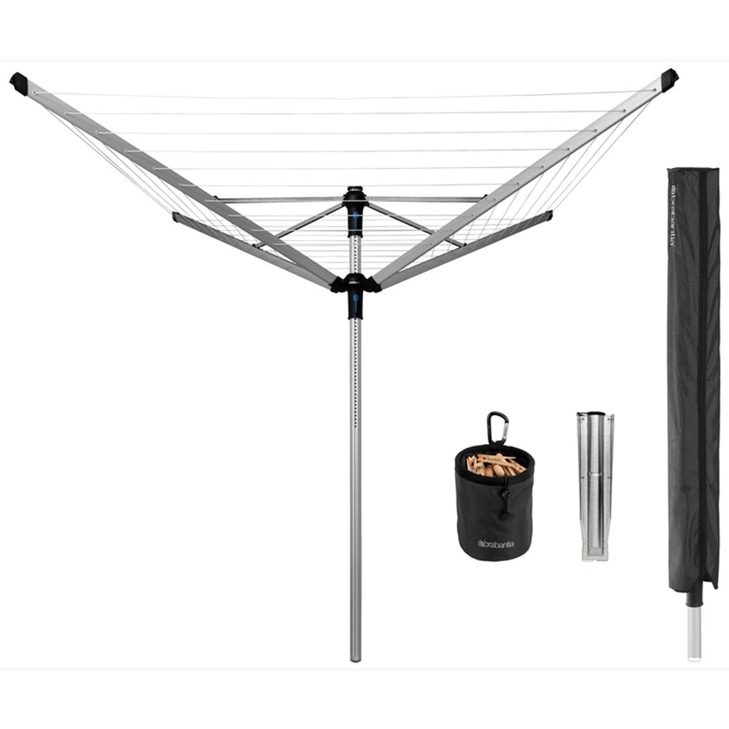 Brabantia Lift-O-Matic Advance droogmolen - met metalen grondanker/beschermhoes en wasknijpertasje - 60 m - Metallic Grey