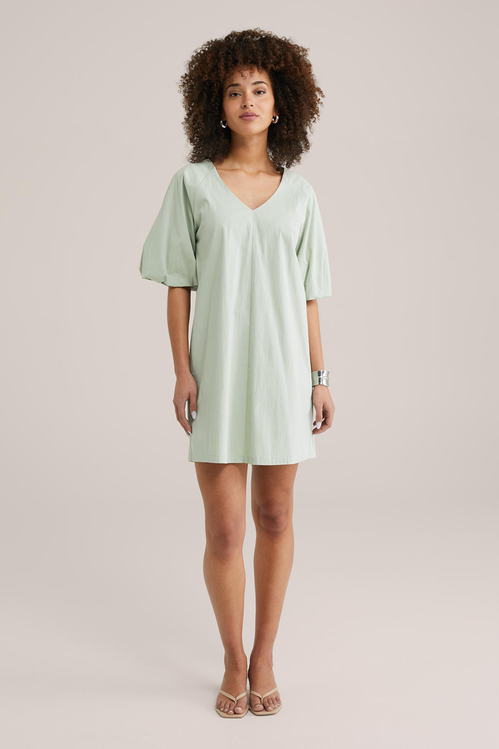 Mintgroene dames WE Fashion zomerjurk van katoen met effen, korte mouwen en V-hals