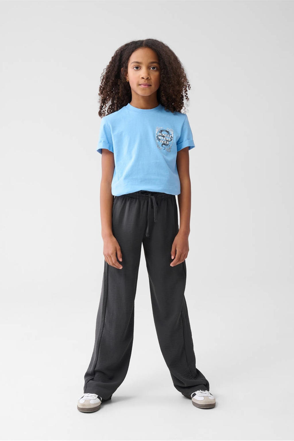 Grijze meisjes Shoeby casual broek van polyester met high waist, elastische tailleband met koord en effen