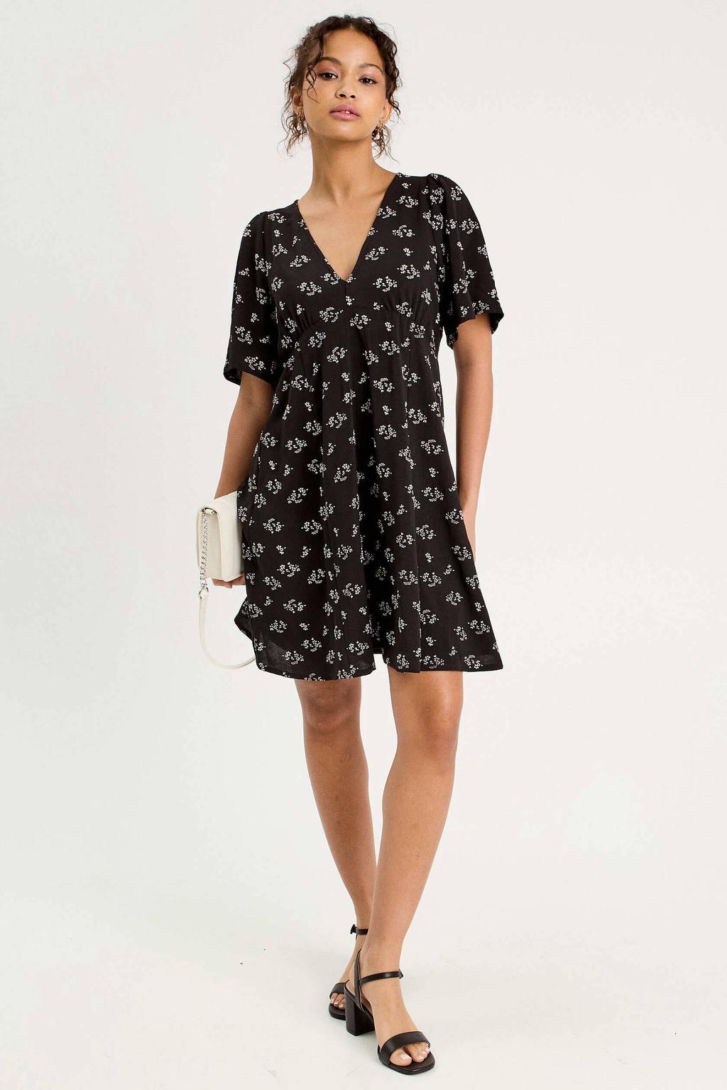 Zwart en witte dames Cache Cache zomerjurk van polyester met bloemenprint, korte mouwen en V-hals