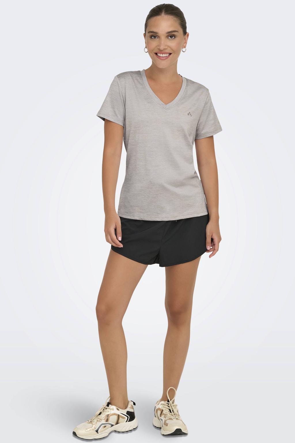 Grijze dames ONLY PLAY sportshirt van polyester met melée print, korte mouwen en V-hals