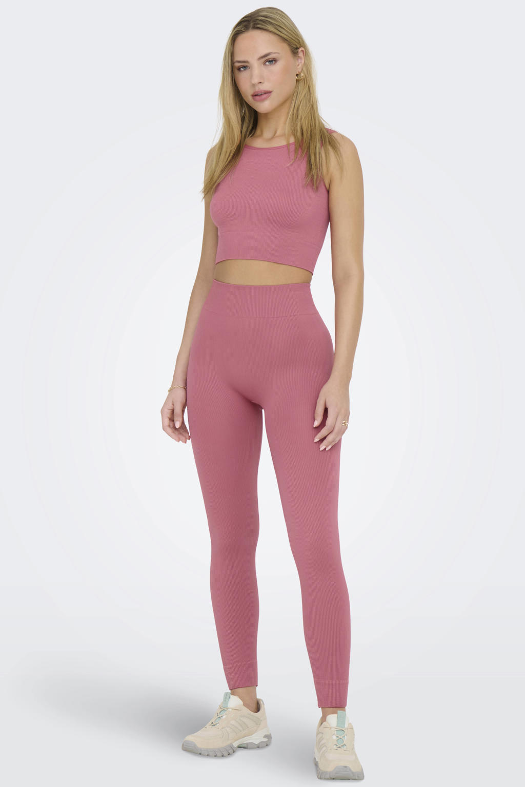 Roze dames ONLY PLAY sportlegging van nylon met slim fit, high waist, elastische tailleband en effen