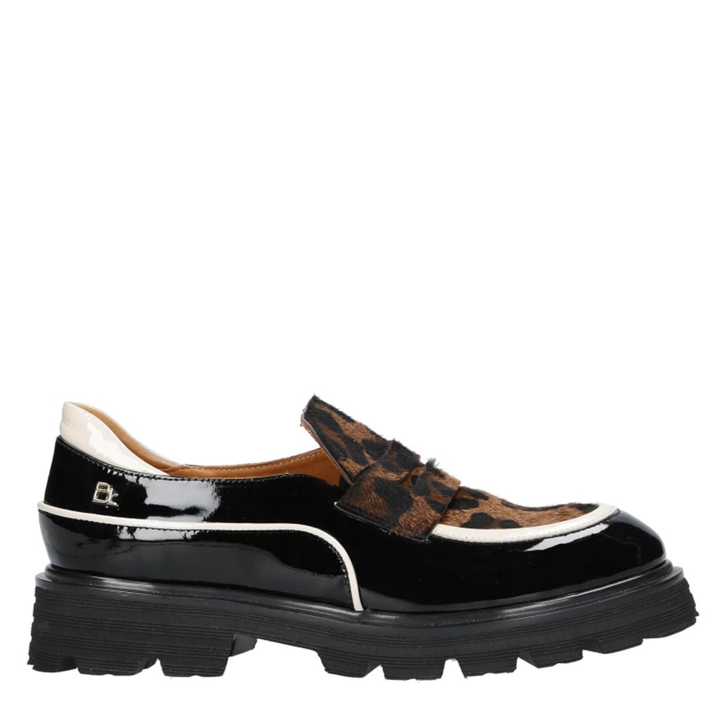 Zwart en cognackleurige dames Babouche Evita-21 chunky lakleren loafers met ponyhair panter