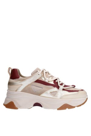 chunky leren sneakers beige/donkerrood