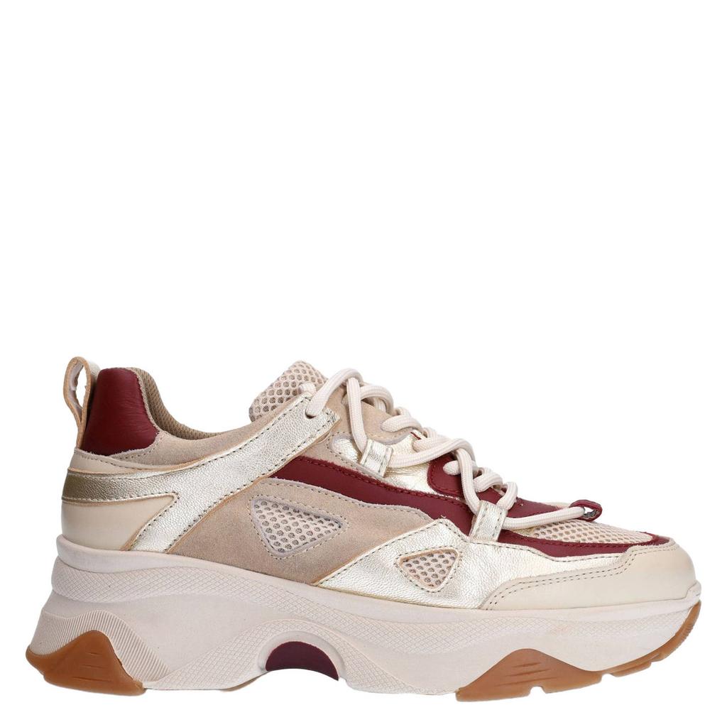 Beige en donkerrode dames Sacha chunky leren sneakers met veters