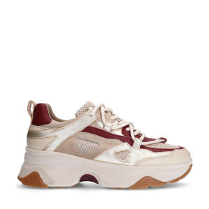 chunky leren sneakers beige/donkerrood
