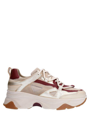 chunky leren sneakers beige/donkerrood