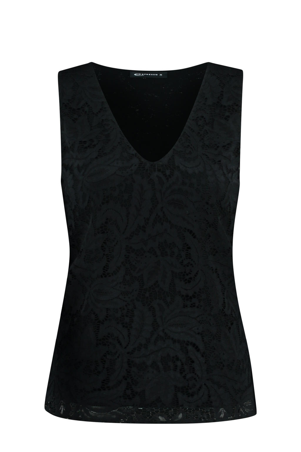 Zwarte dames Expresso mouwloze top van polyamide met grafische print, ronde hals en gebreide details
