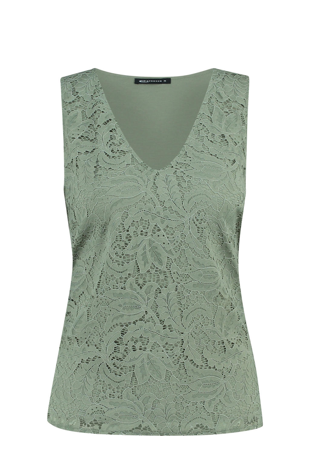 Kakikleurige dames Expresso mouwloze top van polyamide met effen, ronde hals en gebreide details