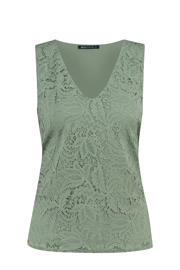 thumbnail: Kakikleurige dames Expresso mouwloze top van polyamide met effen, ronde hals en gebreide details