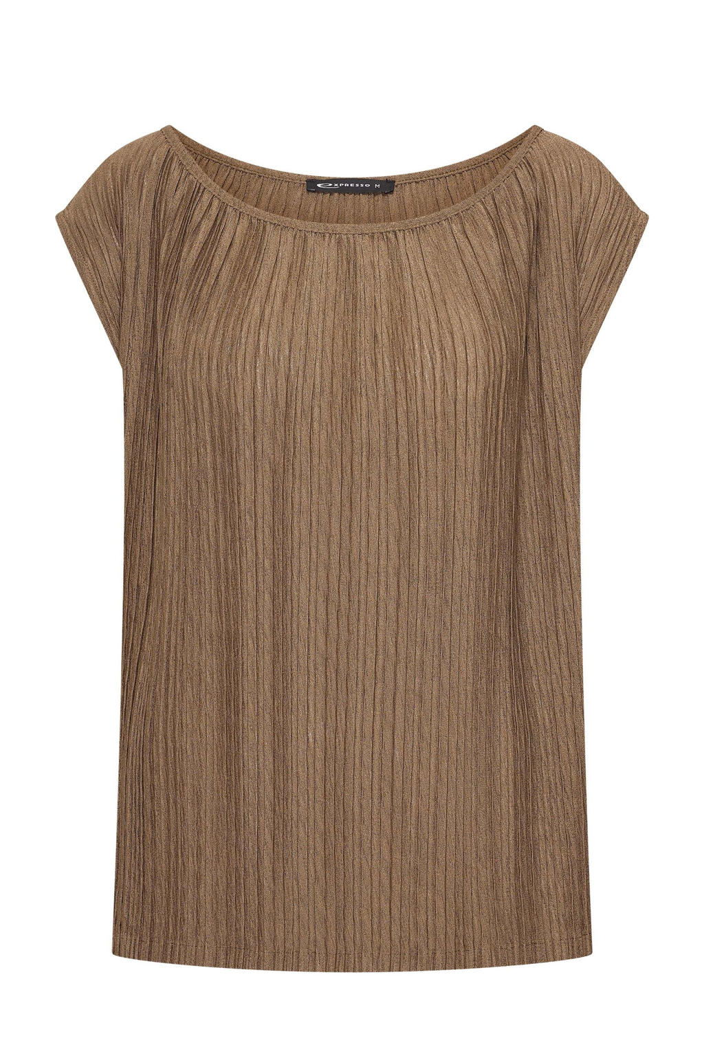 Bruine dames Expresso top van polyester met effen, korte mouwen, ronde hals en textuur