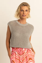 thumbnail: Beige dames Expresso mouwloze top van katoen met effen, ronde hals en lurex