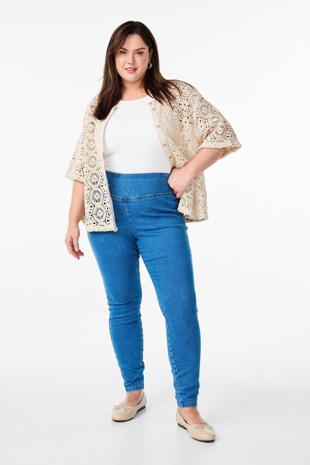 Blauwe dames Zizzi tregging van katoen met skinny fit, high waist, elastische tailleband en effen