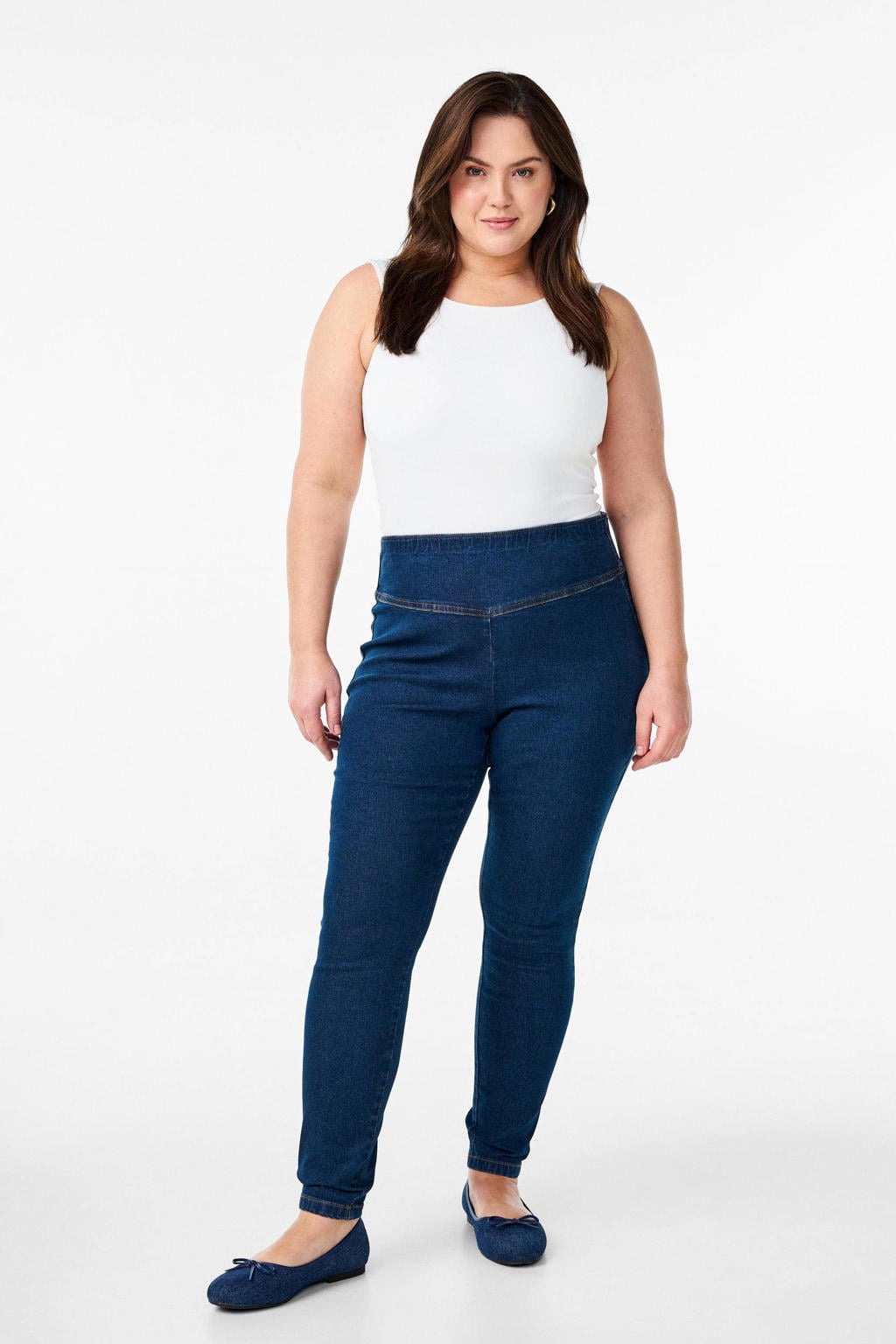 Donkerblauwe dames Zizzi tregging van katoen met skinny fit, high waist, elastische tailleband en effen