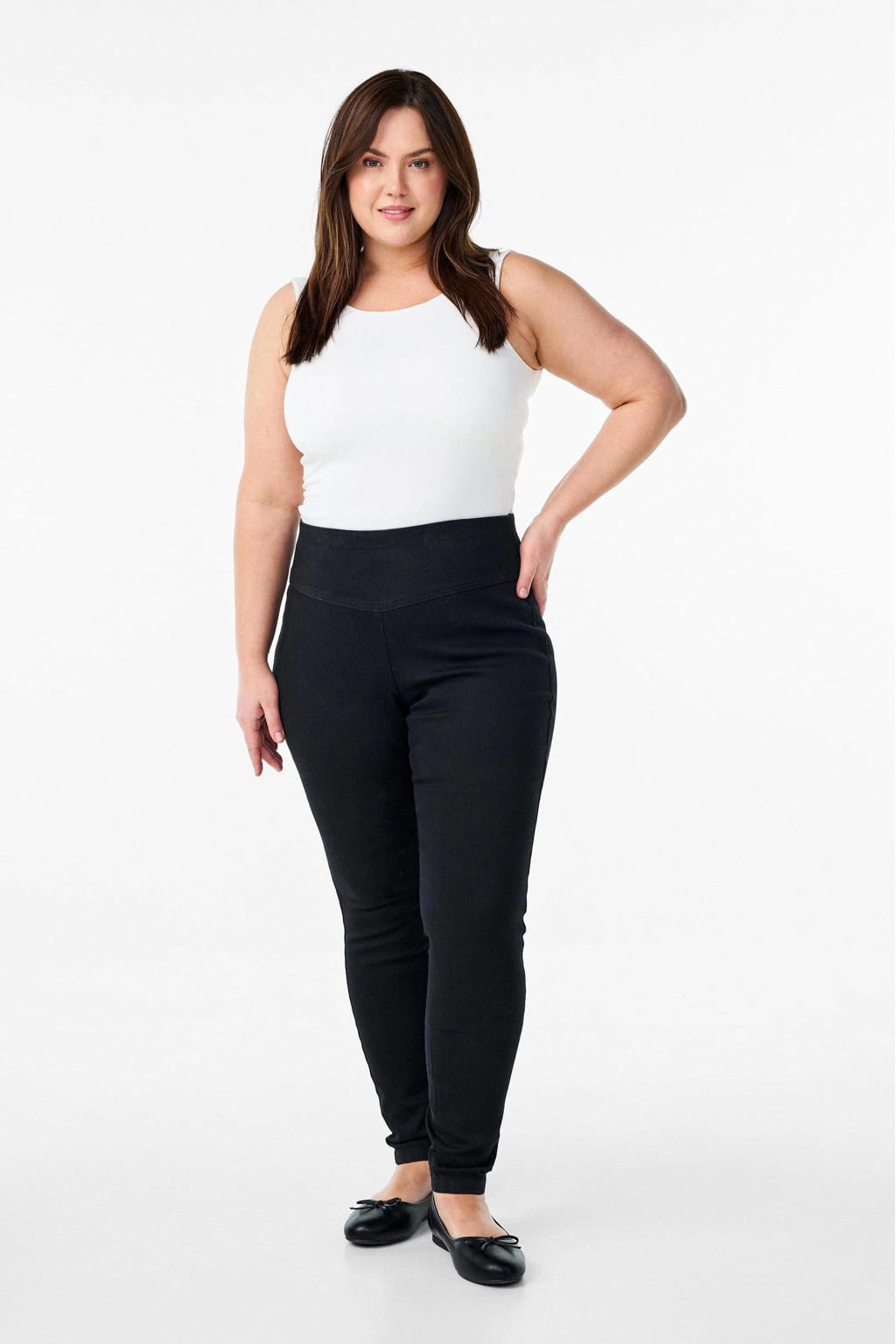 Zwarte dames Zizzi tregging van katoen met skinny fit, high waist, elastische tailleband en effen