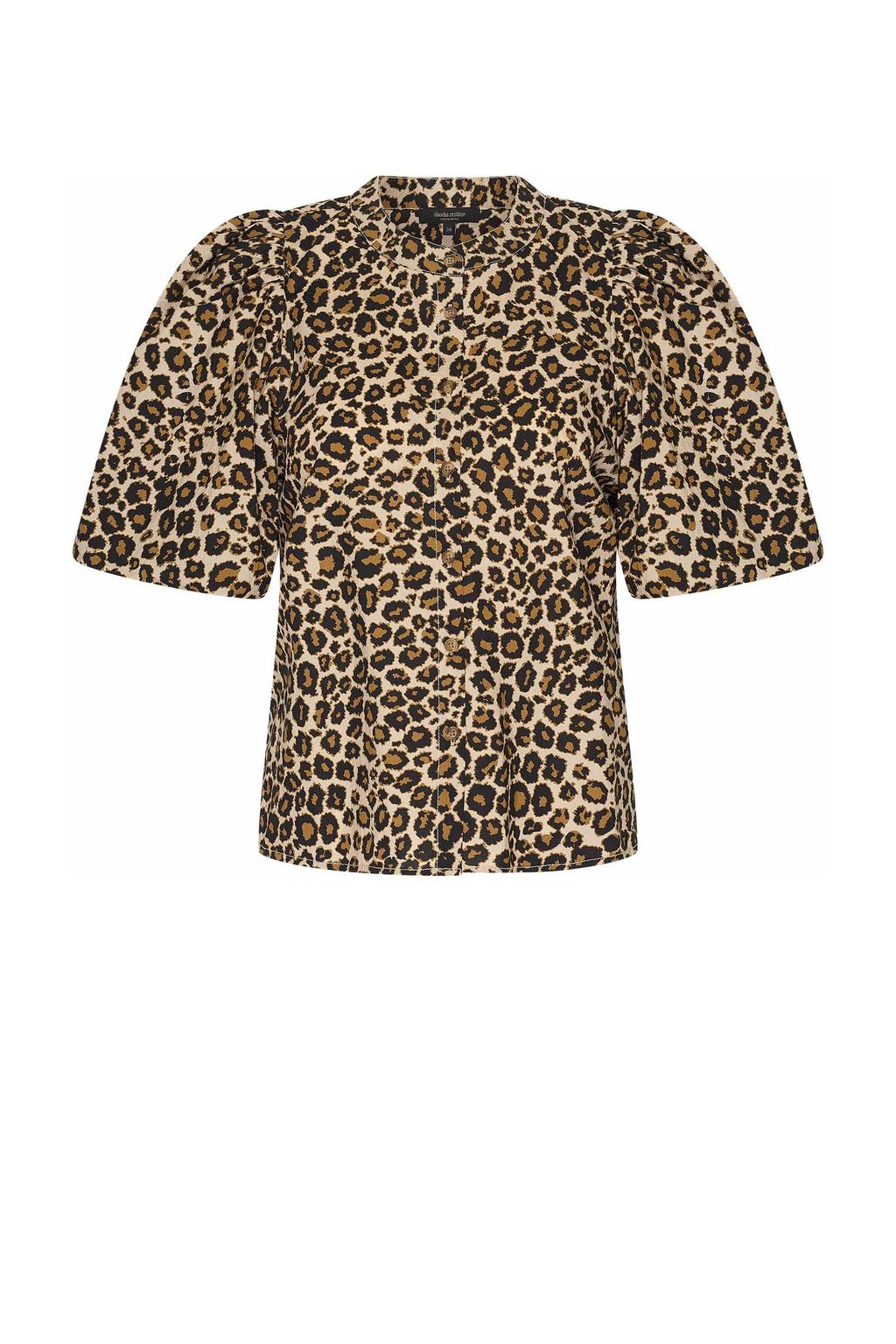Bruin en zwarte dames Claudia Sträter blouse van katoen met dierenprint, korte mouwen, klassieke kraag en knoopsluiting