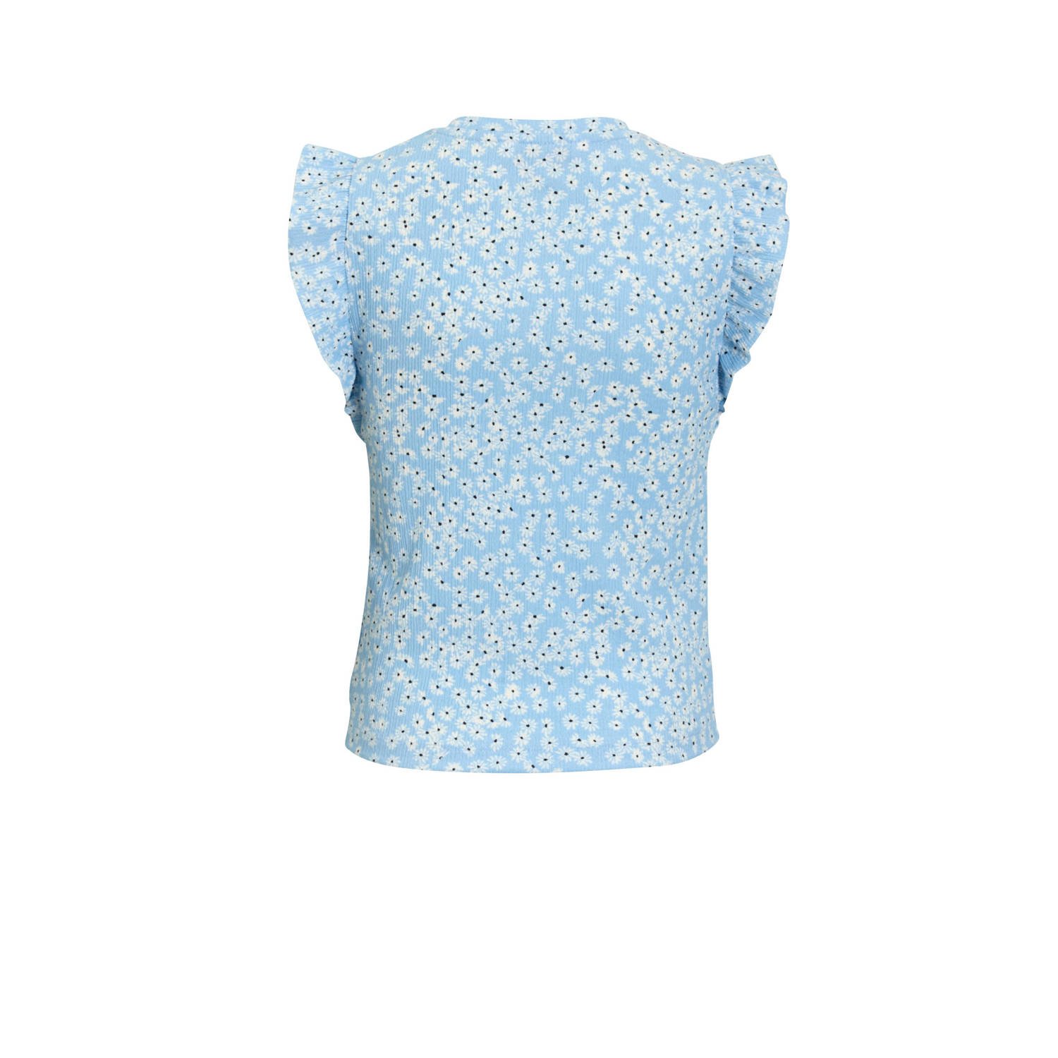 anytime crinkle top met ruffles blomenprint lichtblauw