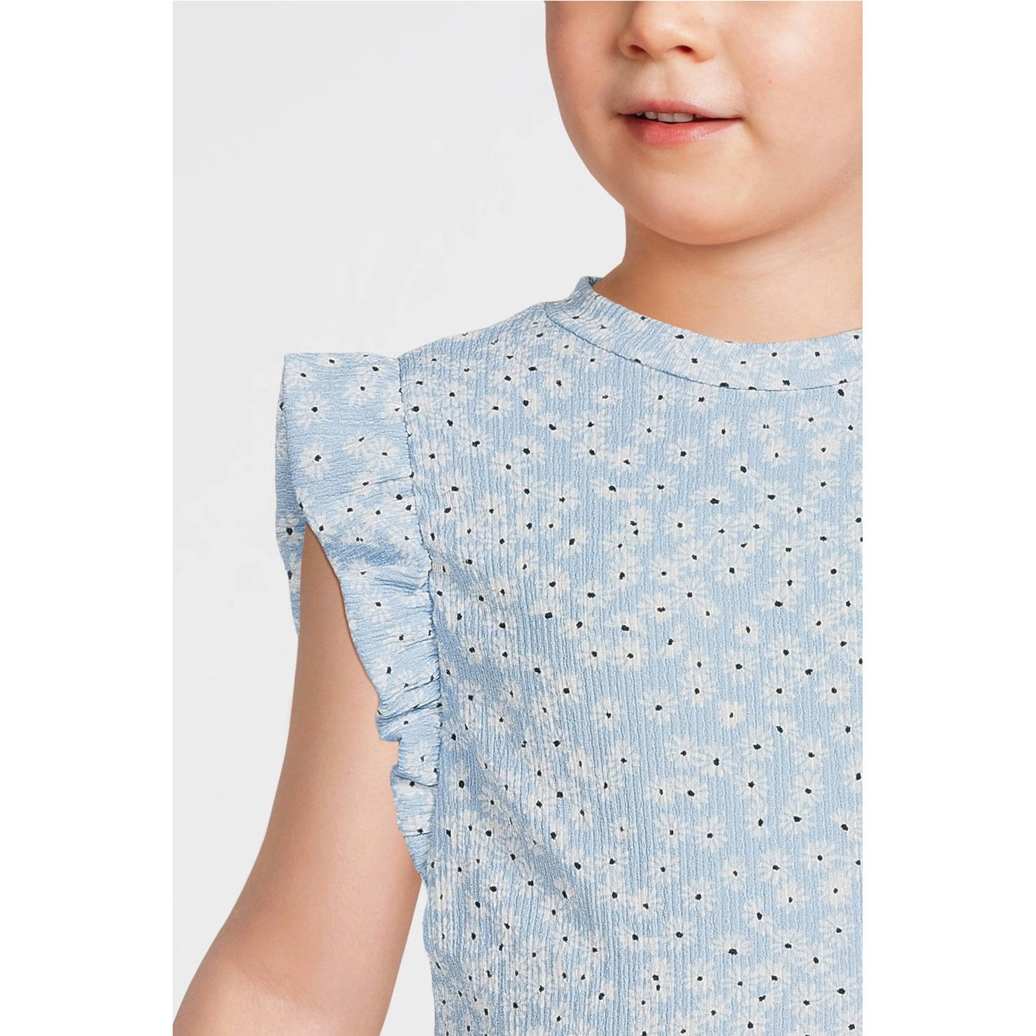 anytime crinkle top met ruffles blomenprint lichtblauw