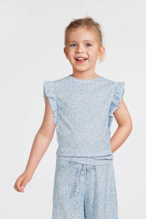 crinkle top met ruffles blomenprint lichtblauw