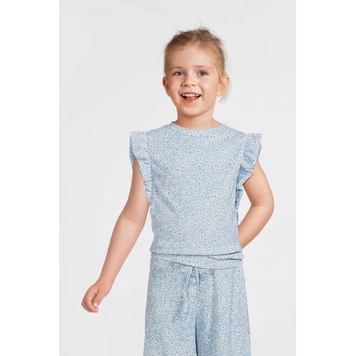 anytime crinkle top met ruffles blomenprint lichtblauw afbeelding